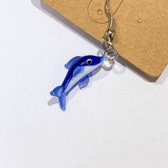 Handmade Blue Glass 1" Dolphin Dangle Earrings Beach Style Fashion Jewelry - Picture 2 of 4